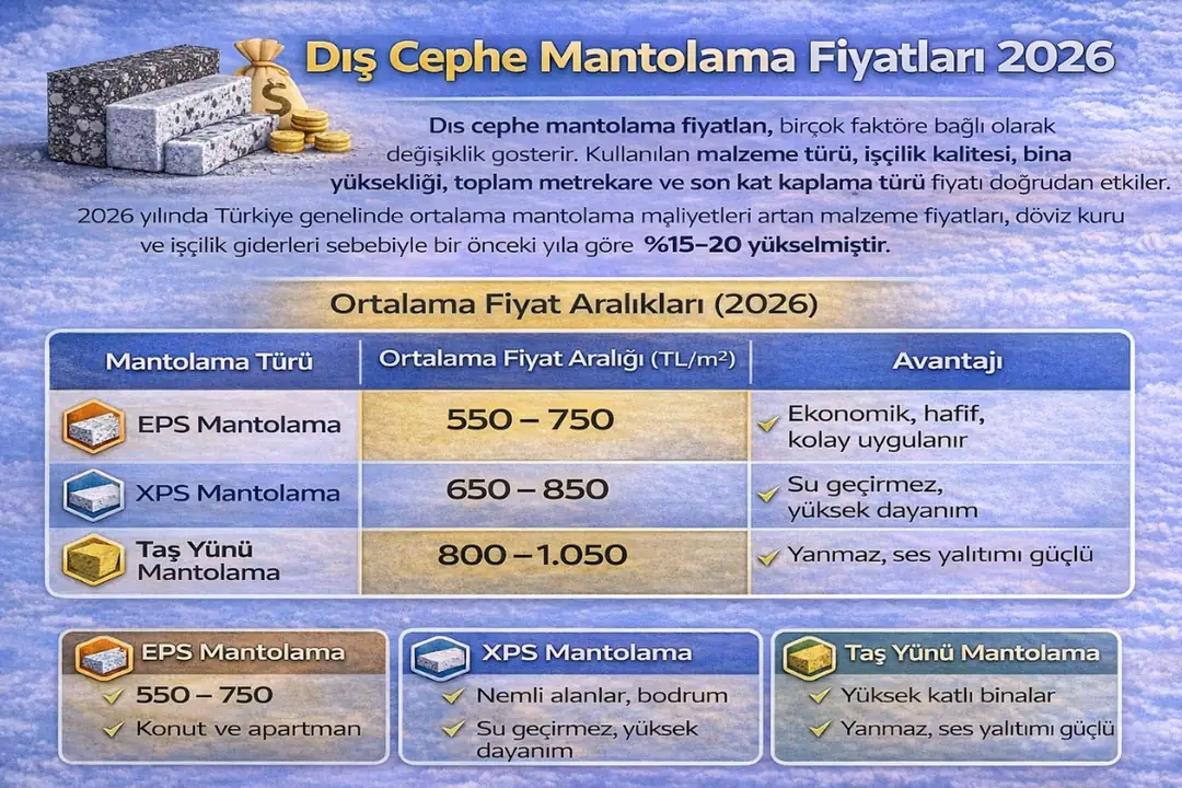 Dış cephe mantolama fiyatları 2026; EPS, XPS ve taş yünü mantolama sistemlerinin ortalama m² fiyat aralıkları ve avantajları