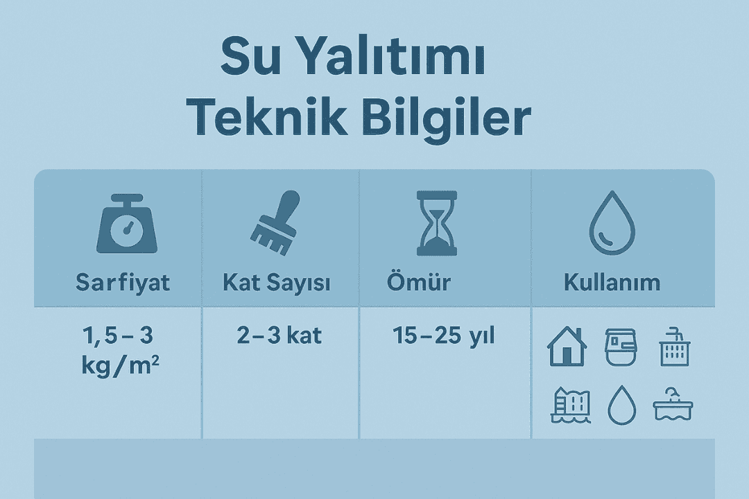 Su yalıtımı teknik bilgiler: sarfiyat, kat sayısı, kuruma süresi, ömür, kullanım alanları. 