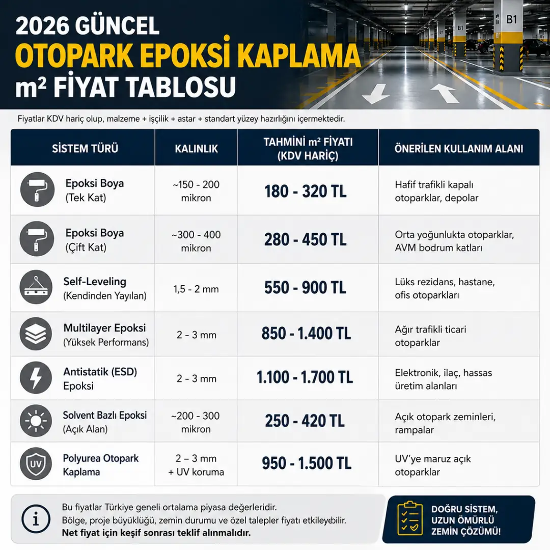 Otopark epoksi kaplama sistem türlerine göre 2026 m2 fiyat tablosu