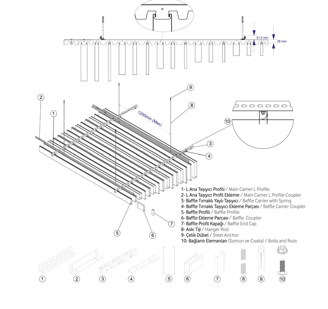 Baffle Tavan Teknik Şeması – Modern tasarımıyla akustik performans sağlayan baffle tavan sistemlerinin teknik detaylarını gösteren şema.