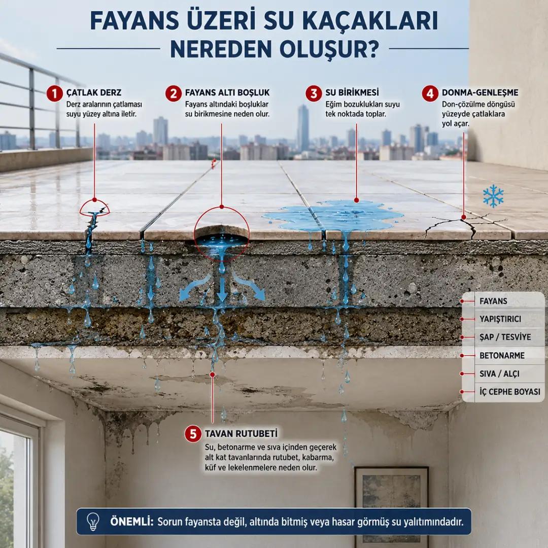 Fayans altı boşluklar, çatlak derzler ve su sızıntılarının oluşumunu gösteren teras su yalıtımı kesiti&nbsp;