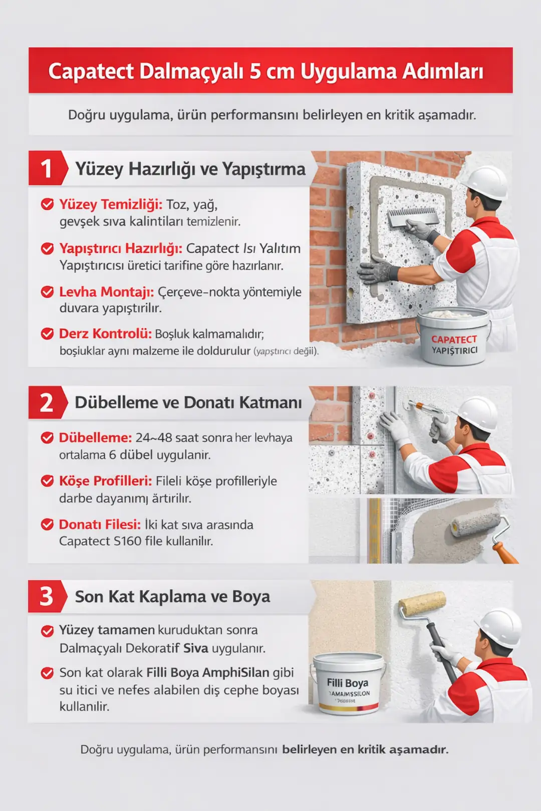 Capatect Dalmaçyalı 5 cm mantolama uygulama adımları, yüzey hazırlığı, dübelleme, donatı filesi ve son kat kaplama süreci&nbsp;