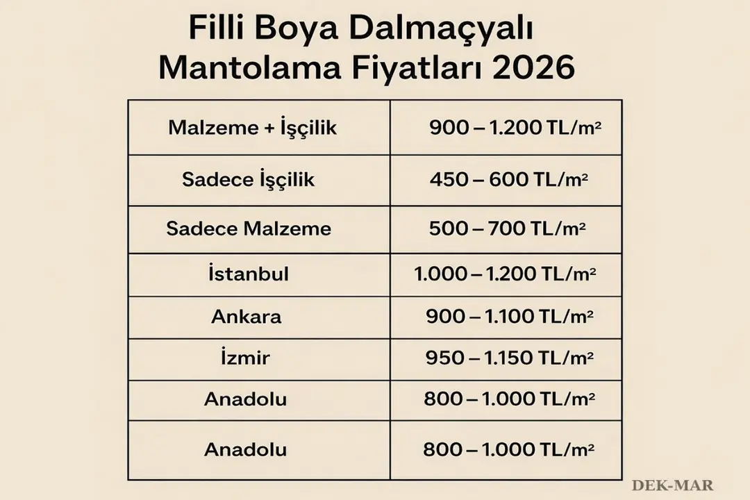 Filli Boya Dalmaçyalı mantolama fiyatları 2026 tablosu; malzeme + işçilik, sadece işçilik ve İstanbul, Ankara, İzmir bölgesel m2 fiyatları