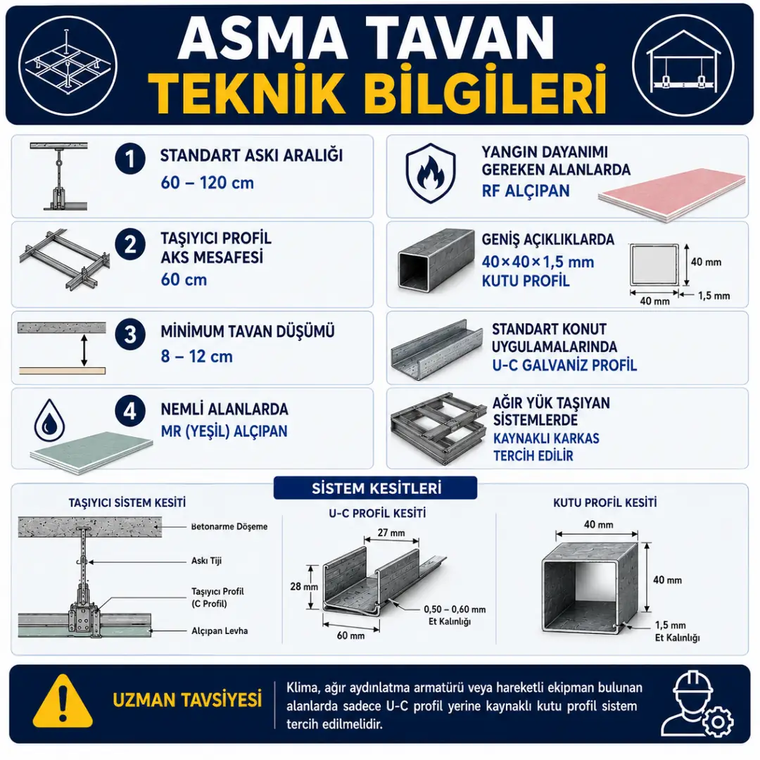 Asma tavan sistemlerinde taşıyıcı aks ve askı mesafeleri teknik bilgileri