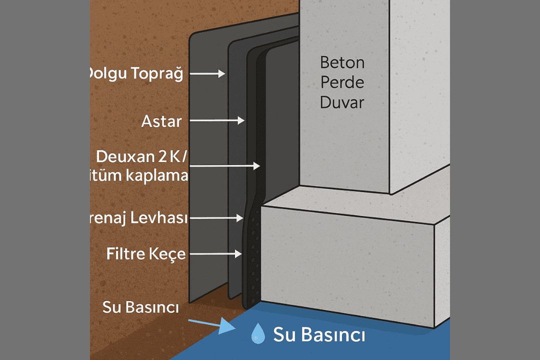 Bodrum kat dıştan su yalıtımı teknik kesiti – Deuxan 2K kaplama, drenaj ve dolgu katmanları.