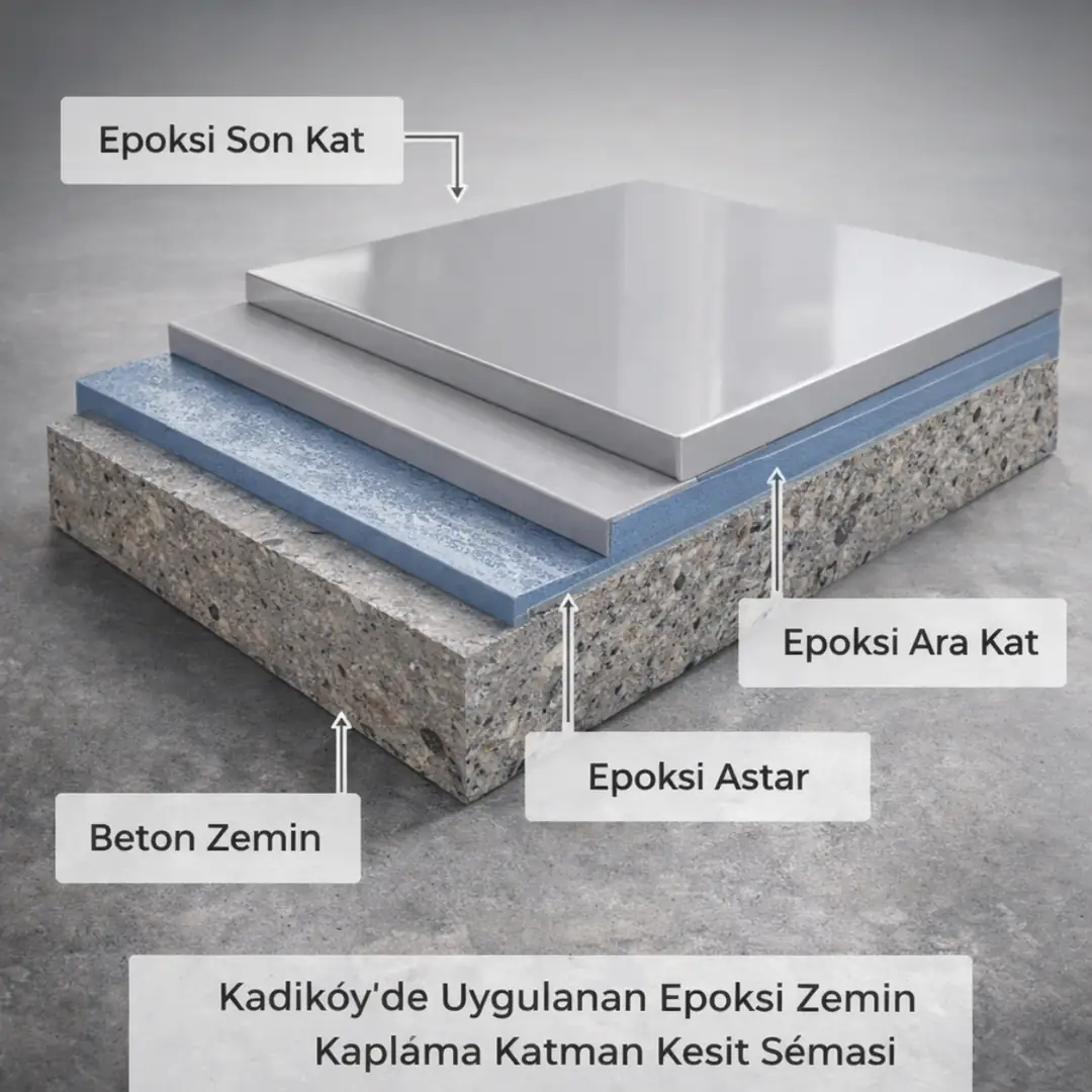 Epoksi zemin kaplama katman kesiti astar ara kat son kat