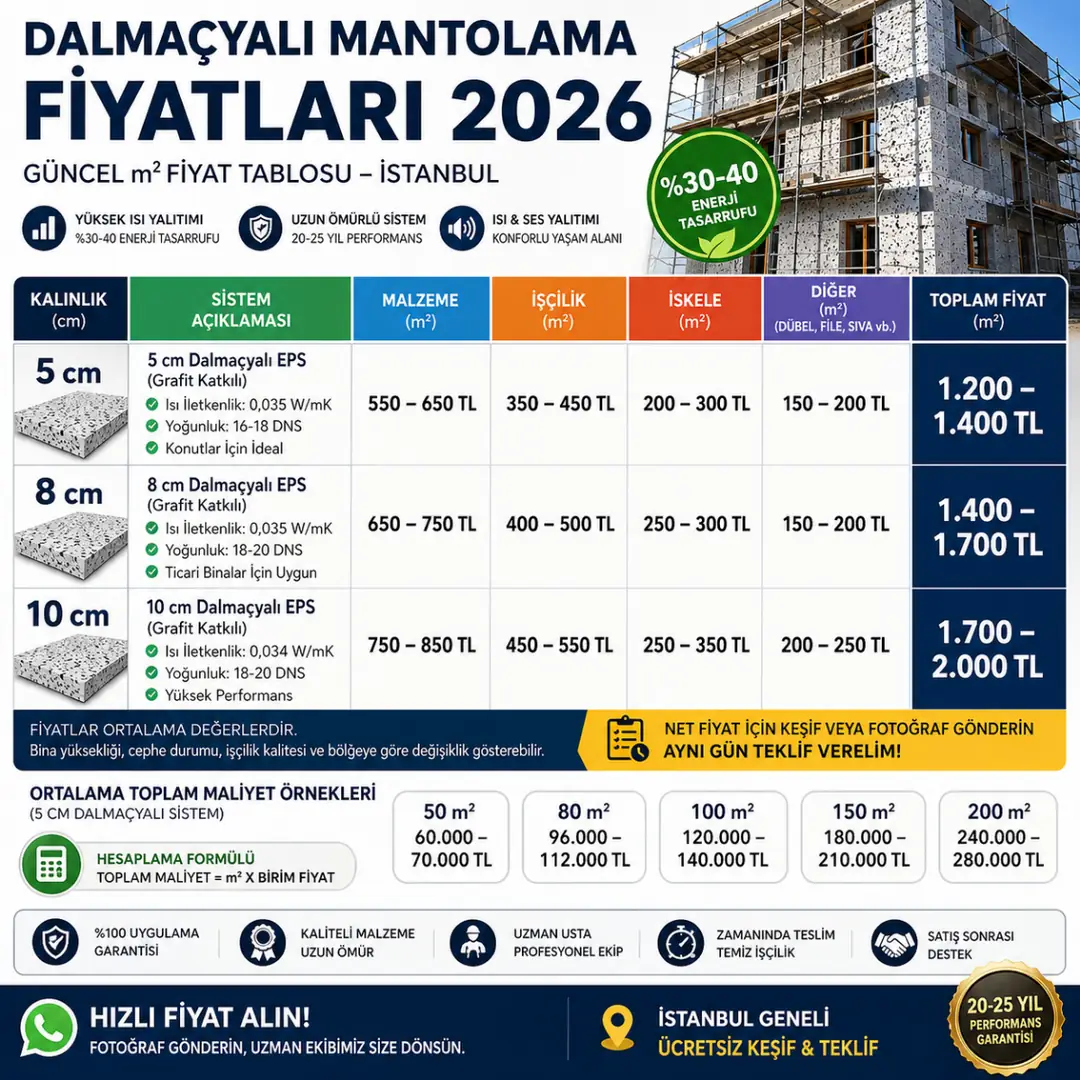Dalmaçyalı mantolama fiyatları 2026 m2 maliyet tablosu&nbsp;