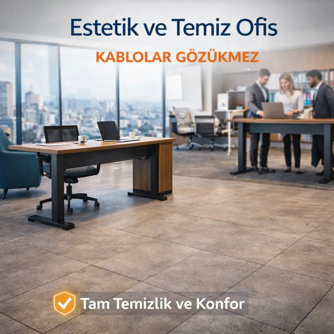 Kablo görünmeyen modern ofis estetiği yükseltilmiş döşeme ile temiz ve minimal tasarım