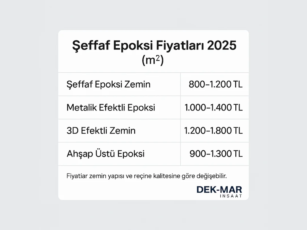 Şeffaf epoksi reçine fiyat tablosu 2025 – m2 bazında dekoratif ve endüstriyel sistem maliyetleri – Dek-Mar İnşaat