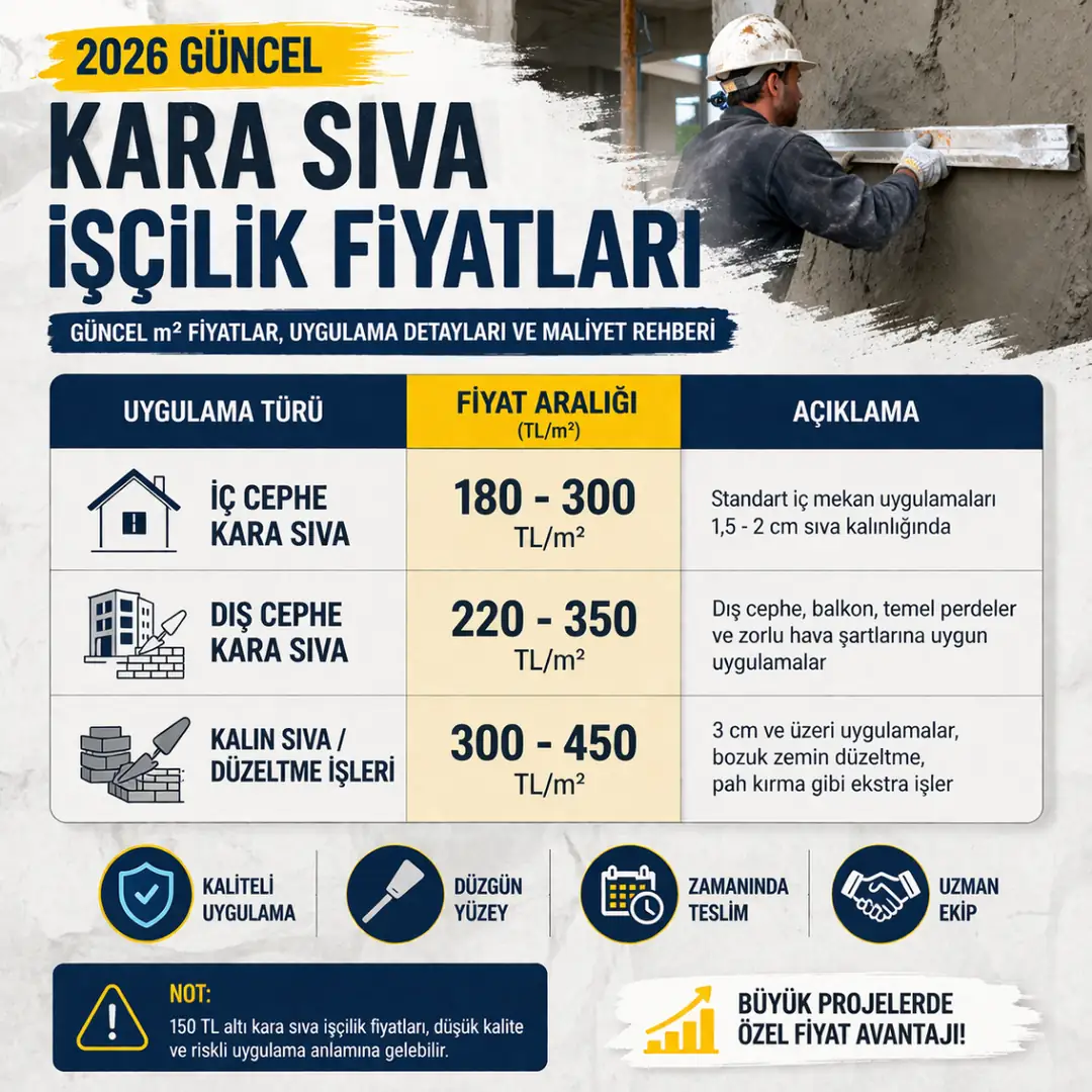 Kara sıva işçilik fiyatları 2026 m2 bazında iç cephe dış cephe ve kalın sıva uygulamaları için güncel fiyat tablosu&nbsp;