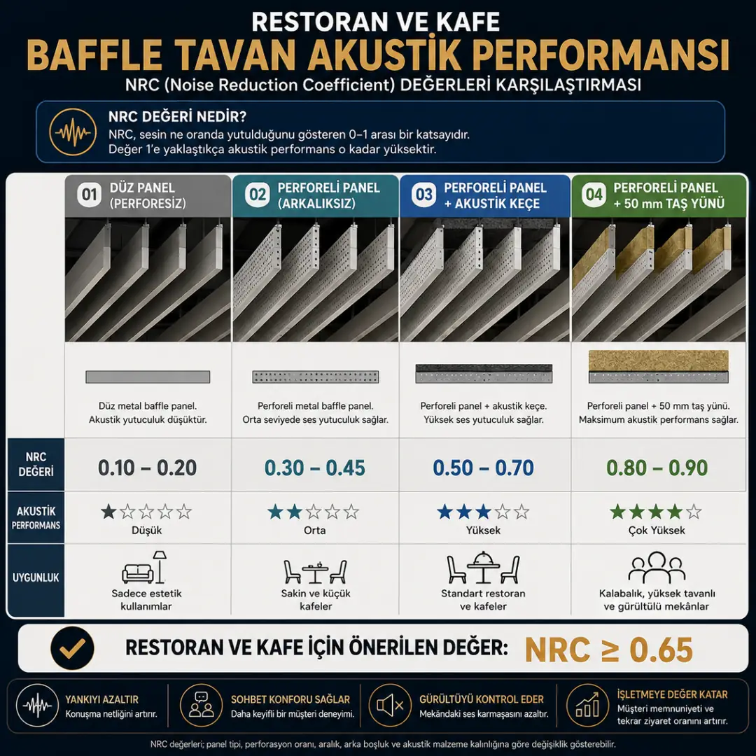 Restoran baffle tavan NRC akustik performans karşılaştırması&nbsp;