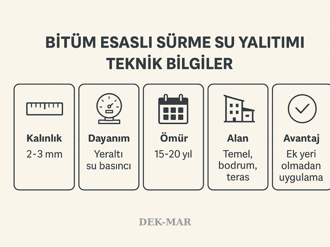 Bitüm esaslı sürme su yalıtımı teknik bilgiler: kalınlık, ömür, dayanım ve kullanım alanları. 