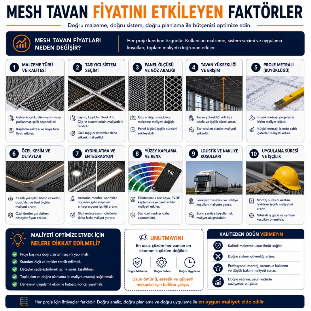 Mesh tavan fiyatlarını etkileyen malzeme türü, taşıyıcı sistem, panel ölçüsü, göz aralığı, kaplama seçeneği ve montaj koşullarını gösteren infografik