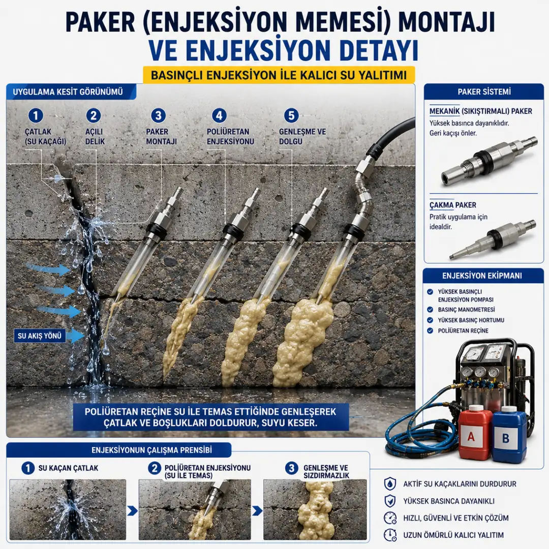 Beton çatlağı içinde mekanik paker ile yapılan poliüretan enjeksiyon sistemi&nbsp;