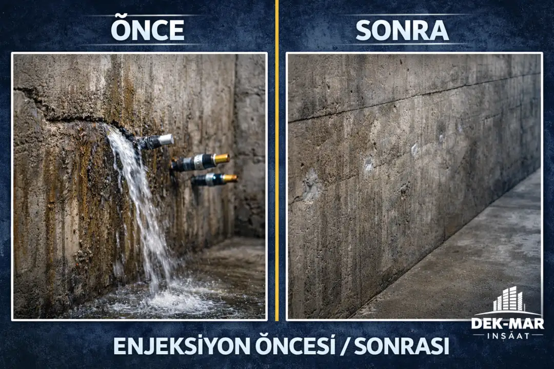 Enjeksiyon izolasyon öncesi ve sonrası bodrum su sızıntısı onarımı&nbsp;