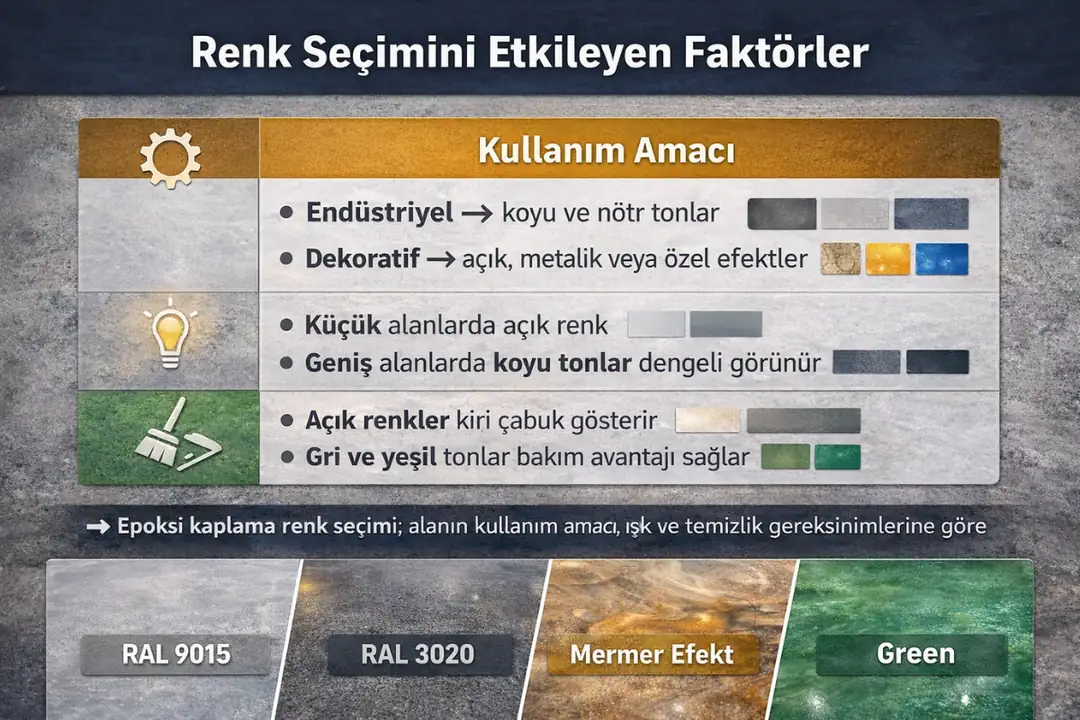 Epoksi kaplama renk seçimini etkileyen kullanım alanı, ışık ve bakım faktörleri.&nbsp;