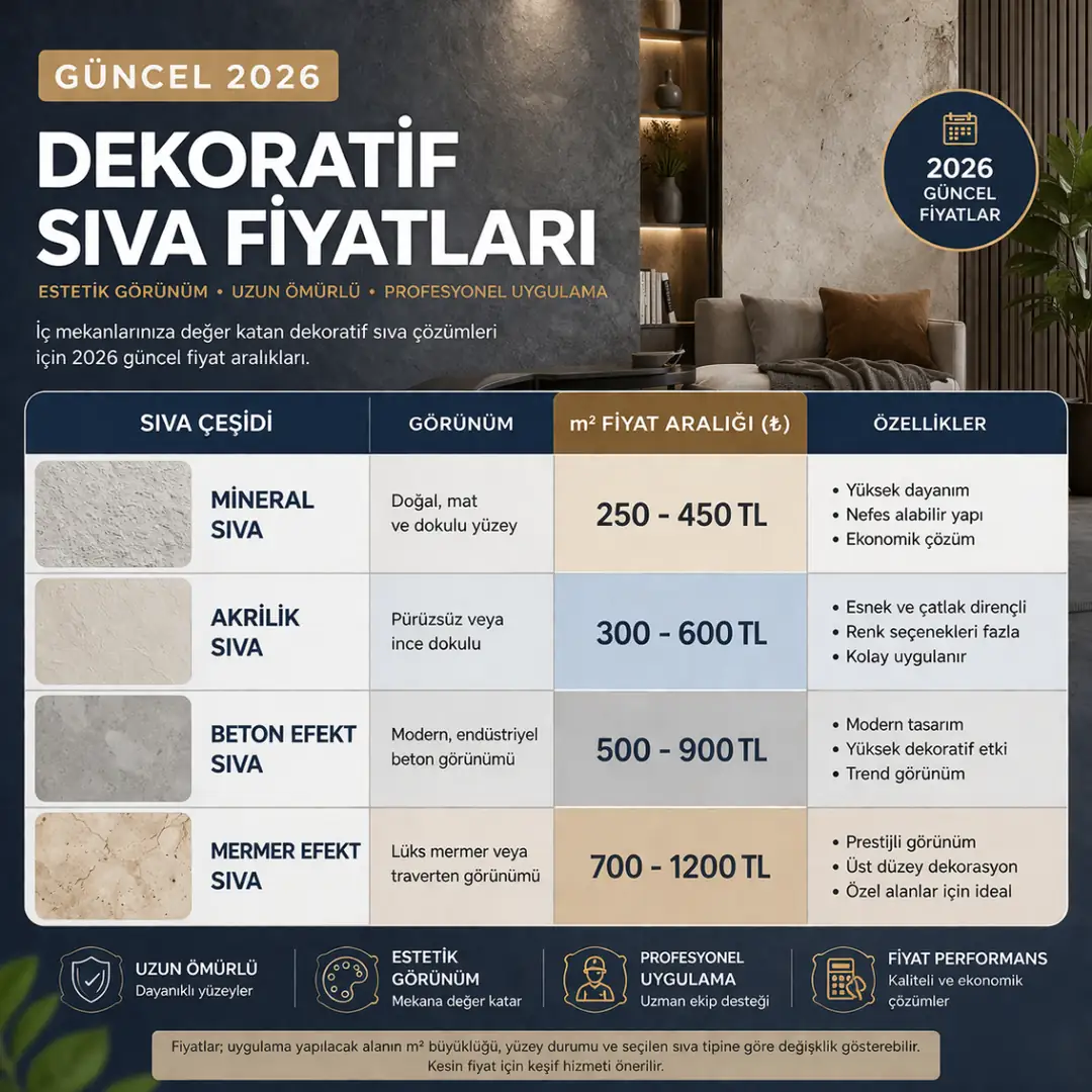 Dekoratif iç cephe sıva fiyatları 2026 metrekare maliyet tablosu