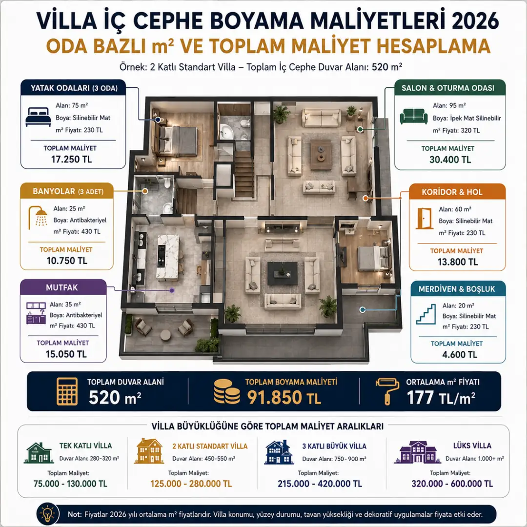 Villa oda bazlı iç cephe boyama maliyetleri salon mutfak banyo fiyatları&nbsp;