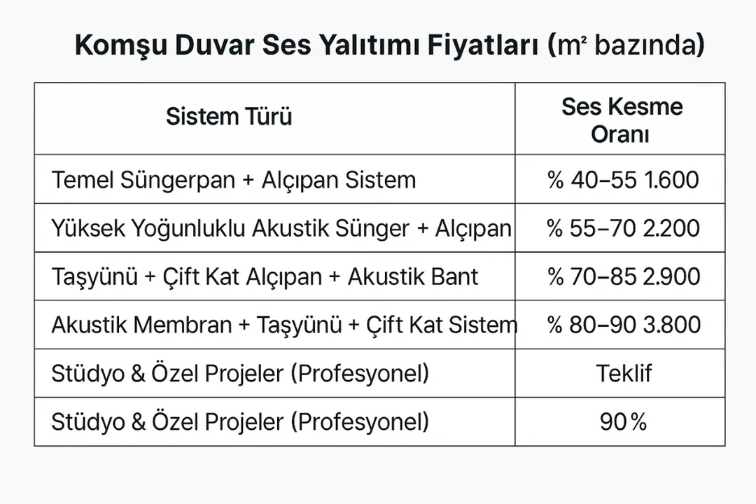 Komşu duvar ses yalıtımı fiyat tablosu – Süngerpan, akustik sünger, taşyünü ve membran sistemlerinin m2 fiyat karşılaştırması – Dek-Mar 2025.
