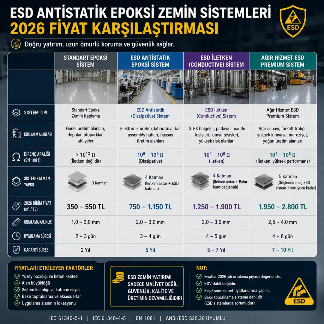 Antistatik ESD epoksi zemin fiyat karşılaştırması 2026