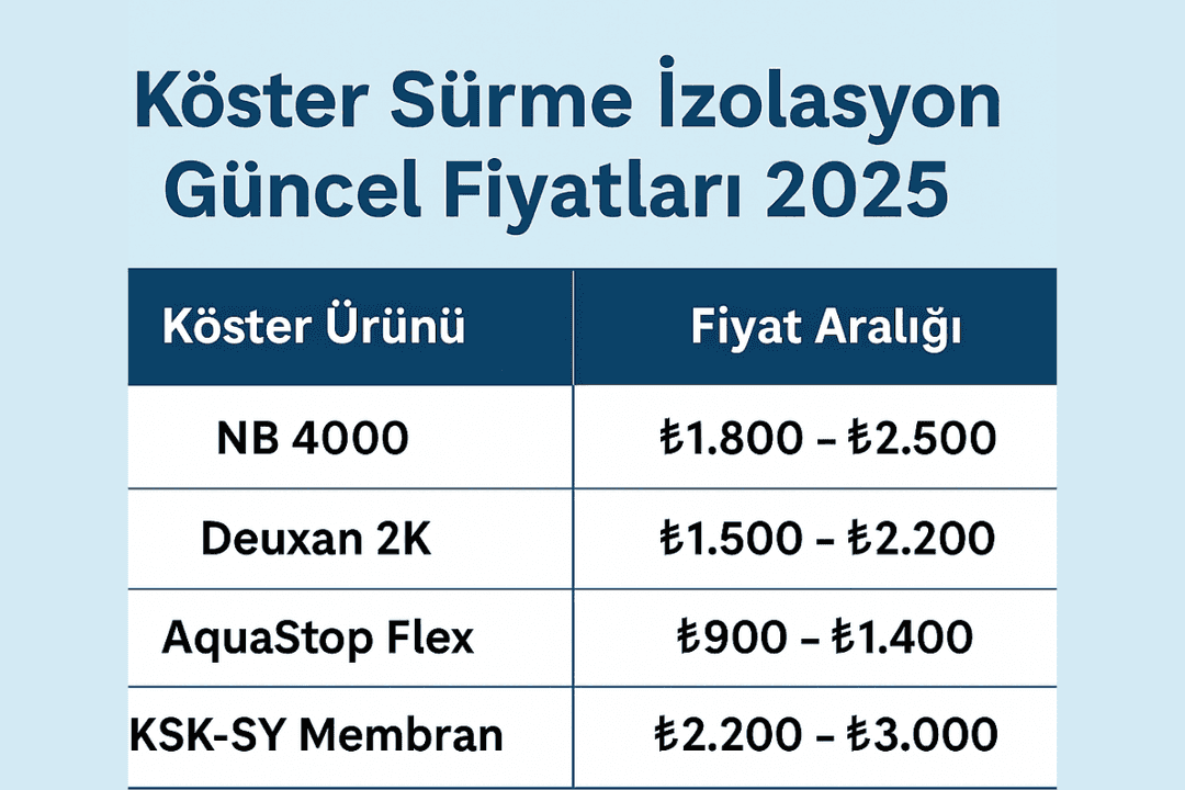 Köster sürme izolasyon güncel fiyat tablosu 2025 – NB 4000, Deuxan 2K, AquaStop Flex, KSK-SY membran. 