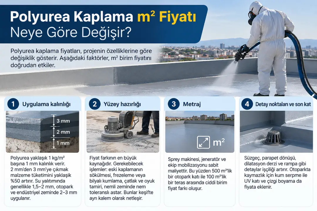 Polyurea kaplama m² fiyatını etkileyen uygulama kalınlığı, zemin hazırlığı, toplam metraj, detay işçiliği ve UV koruyucu son kat işlemlerini gösteren görsel.