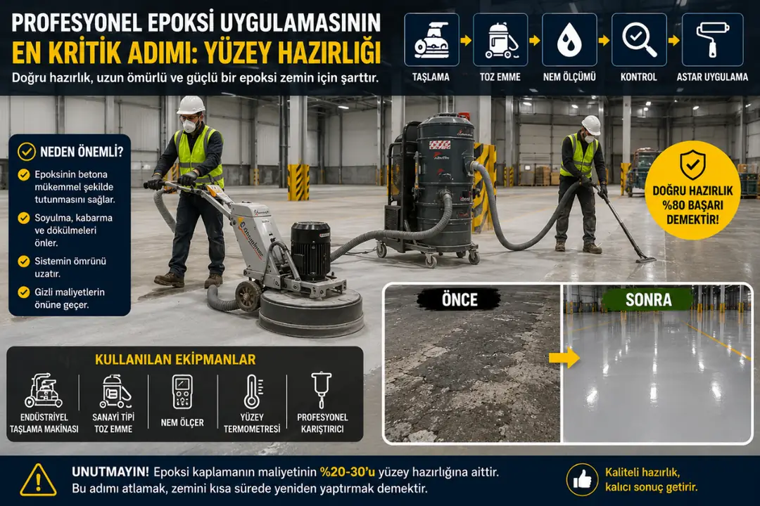 Profesyonel epoksi uygulaması öncesi beton yüzey taşlama ve hazırlık işlemi&nbsp;