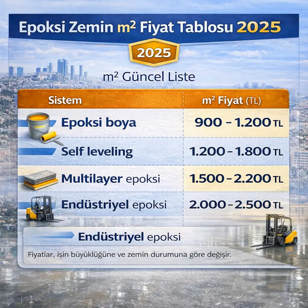 Epoksi zemin m2 fiyat tablosu 2025 self leveling multilayer karşılaştırma&nbsp;