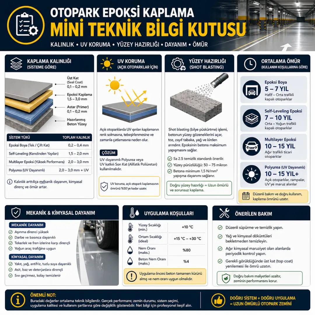 Otopark epoksi kaplama kalınlık UV koruma shot blasting ve ömür teknik bilgileri&nbsp;