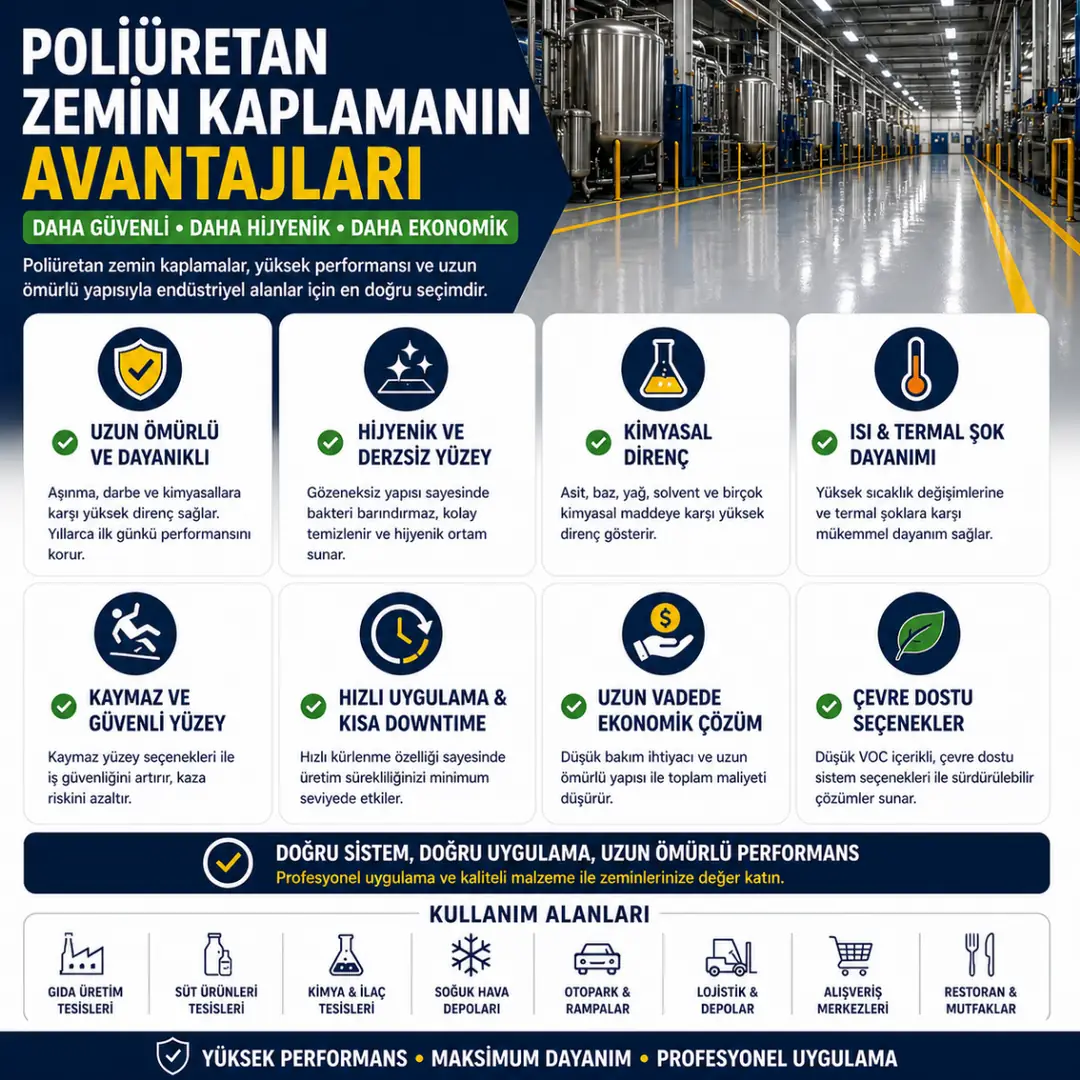Poliüretan endüstriyel zemin avantajları hijyenik derzsiz kimyasal dayanımlı ve uzun ömürlü kaplama&nbsp;