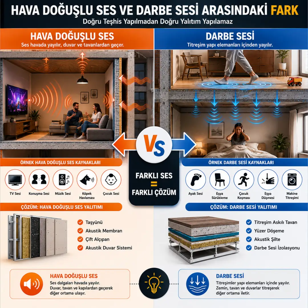 Hava doğuşlu ses ve darbe sesi arasındaki farkları gösteren ses yalıtımı karşılaştırma infografiği.&nbsp;
