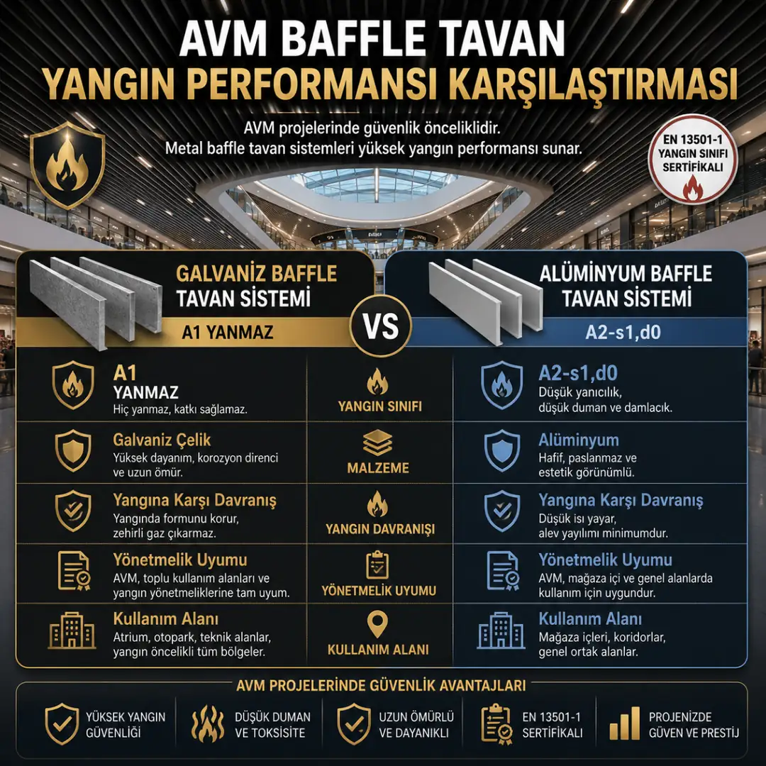 AVM baffle tavan yangın sınıfı karşılaştırması A1 ve A2 sistemler