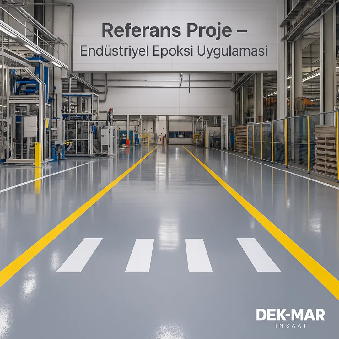Endüstriyel epoksi yer kaplama referans proje – tamamlanmış fabrika zemin uygulaması – Dek-Mar İnşaat 2025.