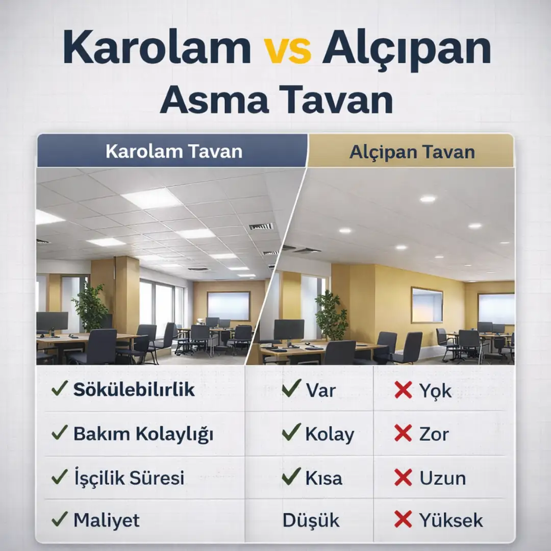 Karolam asma tavan ile alçıpan tavan karşılaştırması sökülebilirlik bakım ve maliyet farkları&nbsp;