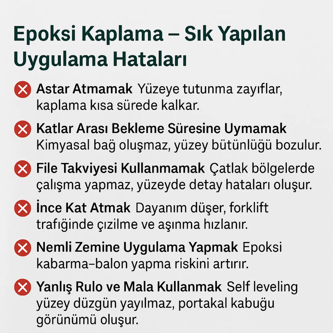 “Epoksi kaplama uygulama hataları – astar eksikliği, ince kat, nemli zemin ve yanlış ekipman kullanımını gösteren teknik görsel – Dek-Mar”