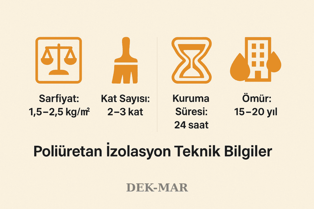 Poliüretan izolasyon teknik bilgiler: sarfiyat, kat sayısı, ömür, kuruma süresi ve kullanım alanları. 