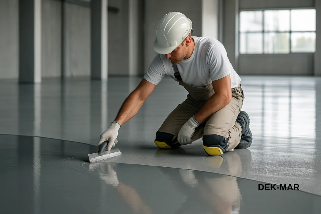 “İstanbul epoksi zemin kaplama uygulama sahnesi – profesyonel ekibin self leveling epoksi uygulaması yaptığı gerçek teknik çalışma – Dek-Mar 2025”