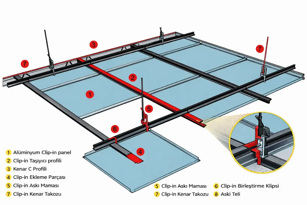 clip in metal asma tavan sistem detayları panel ve taşıyıcı yapı