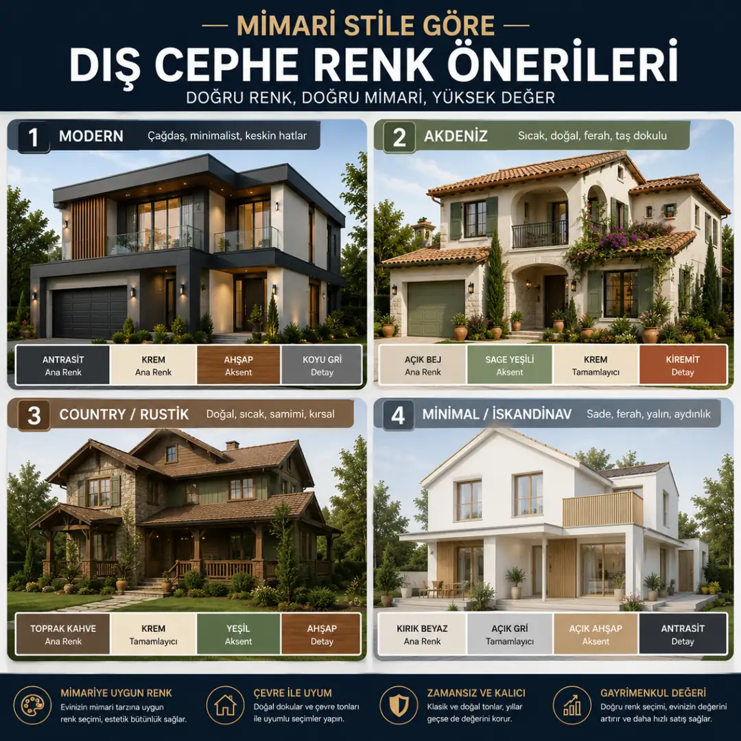 Modern Akdeniz country ve minimalist mimariye uygun dış cephe boya renk kombinasyonları