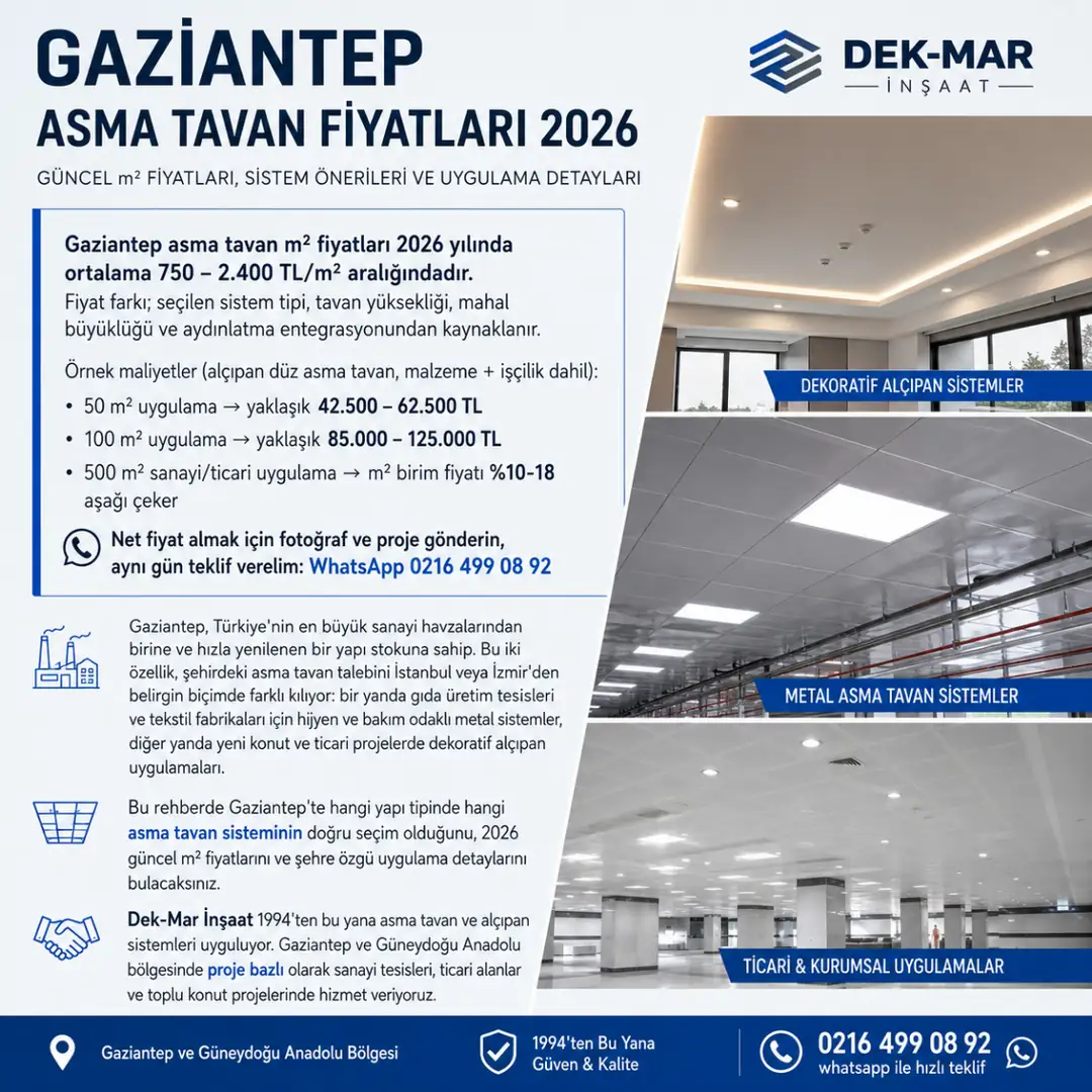Gaziantep asma tavan fiyatları 2026, alçıpan ve metal asma tavan sistemleri ile ticari proje uygulamaları&nbsp;