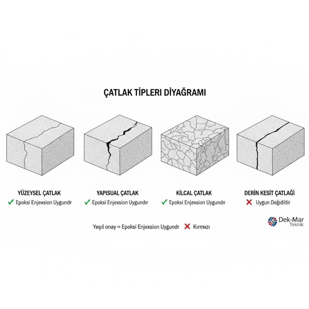 “Epoksi enjeksiyon ile tamir edilen çatlak tipleri – yüzeysel, kılcal ve yapısal çatlaklar – teknik diyagram – Dek-Mar”