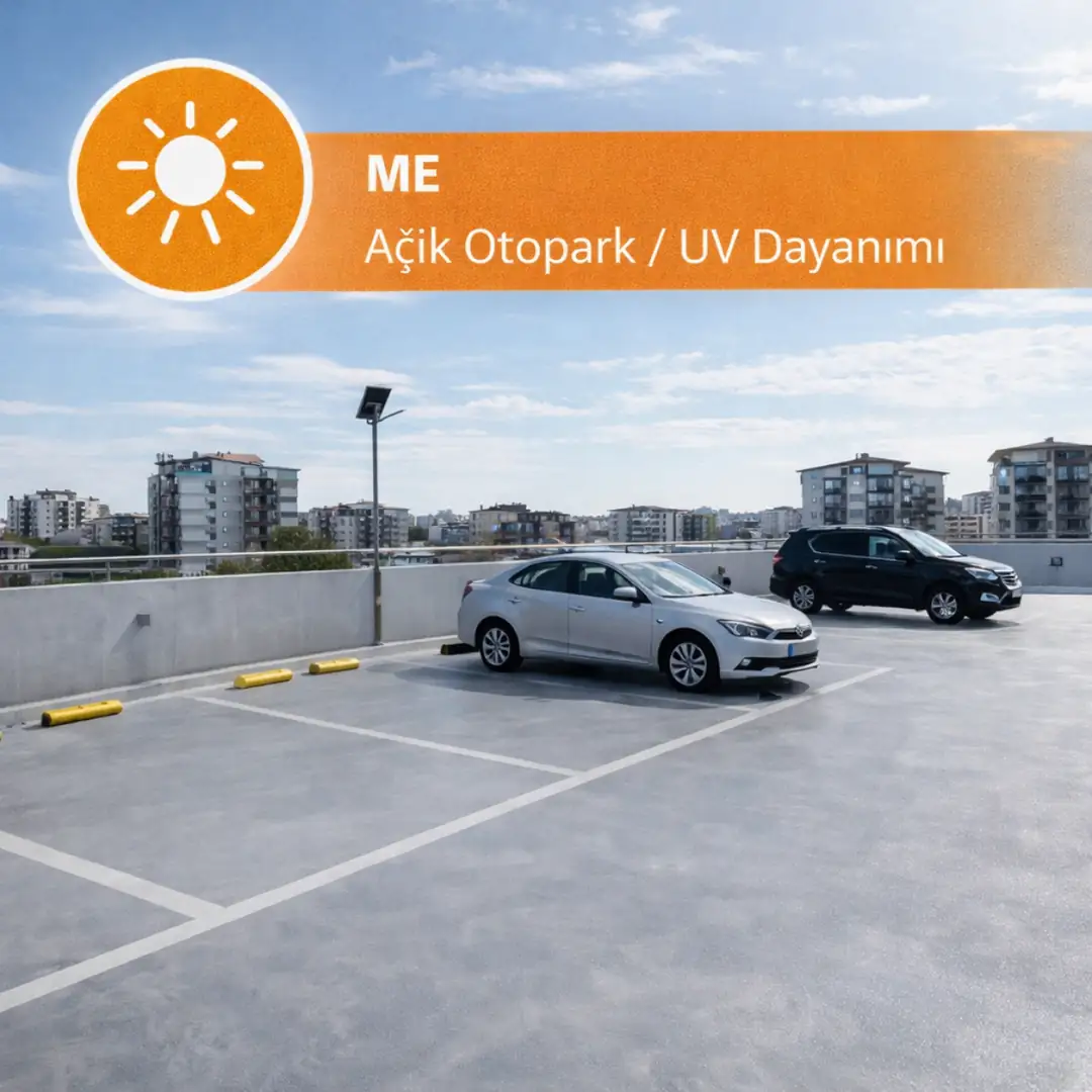 Mapefloor Parking System ME ile uygulanmış açık otopark zemin kaplama, UV dayanımlı poliüretan sistem