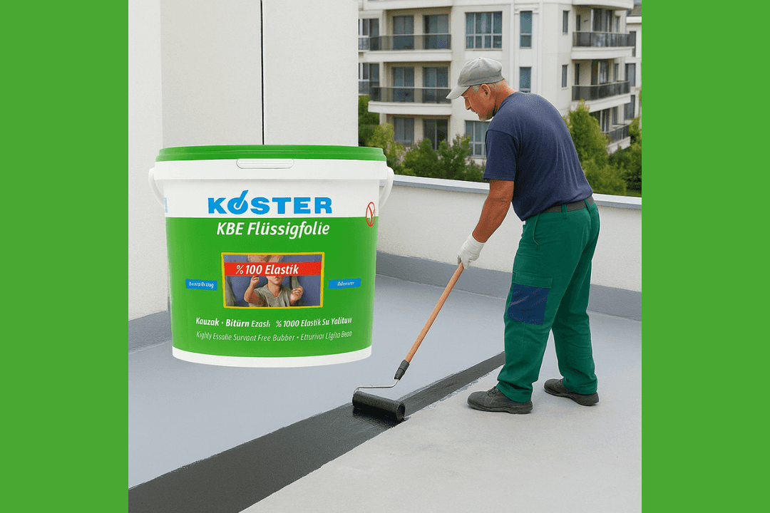 KÖSTER KBE Flüssigfolie ürün görseli ve teras uygulaması. 