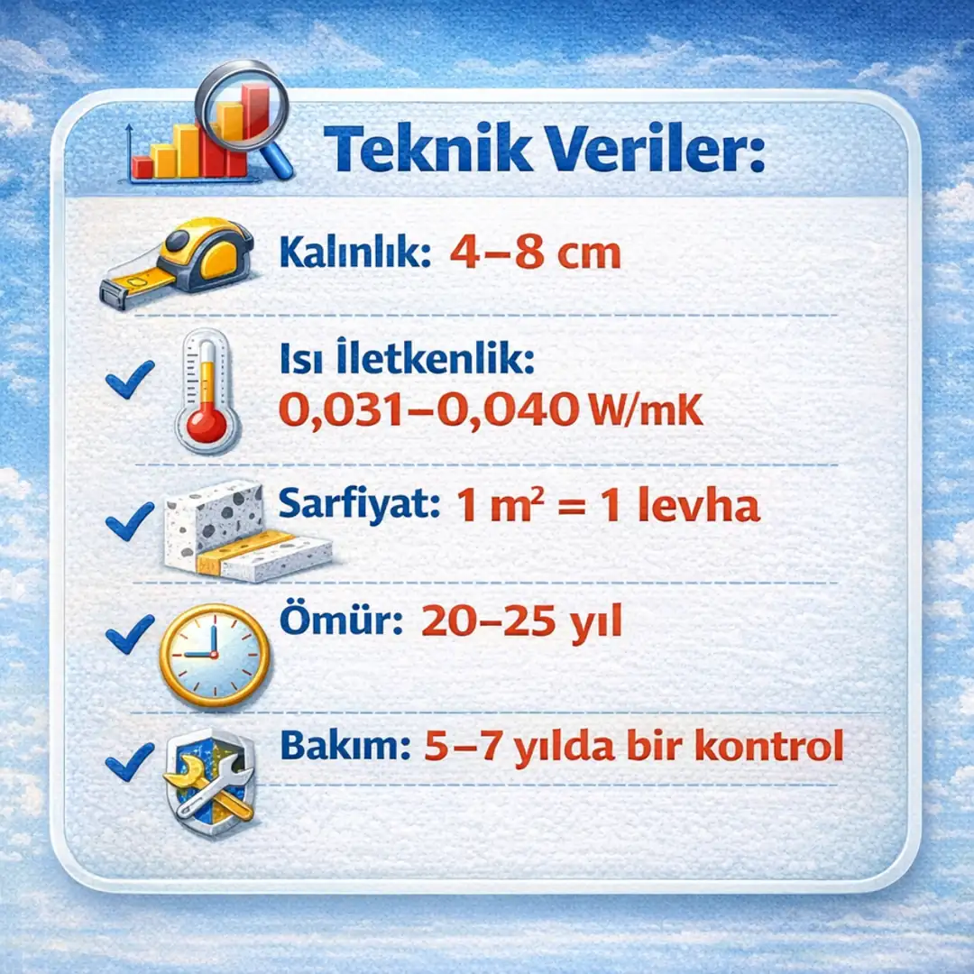 Dalmaçyalı mantolama teknik verileri; 4–8 cm kalınlık, 0,031–0,040 W/mK ısı iletkenliği, 20–25 yıl ömür