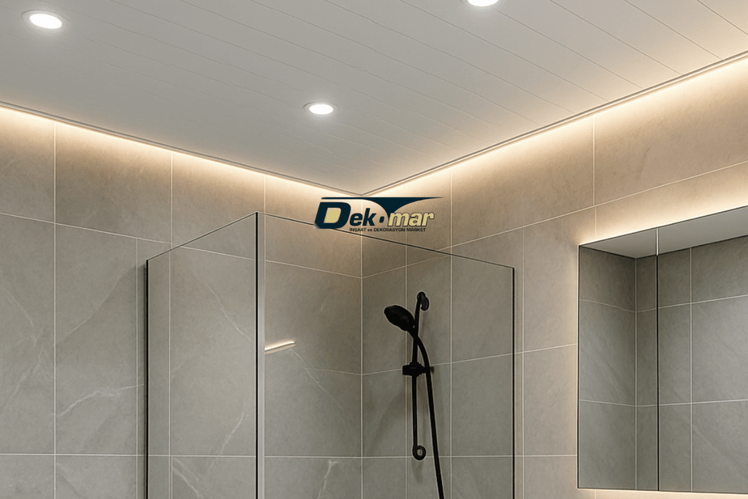 PVC panel kaplamayla suya dayanıklı hale getirilmiş modern bir banyo tavanı; LED ışıklarla estetik görünüm sağlanmış. 