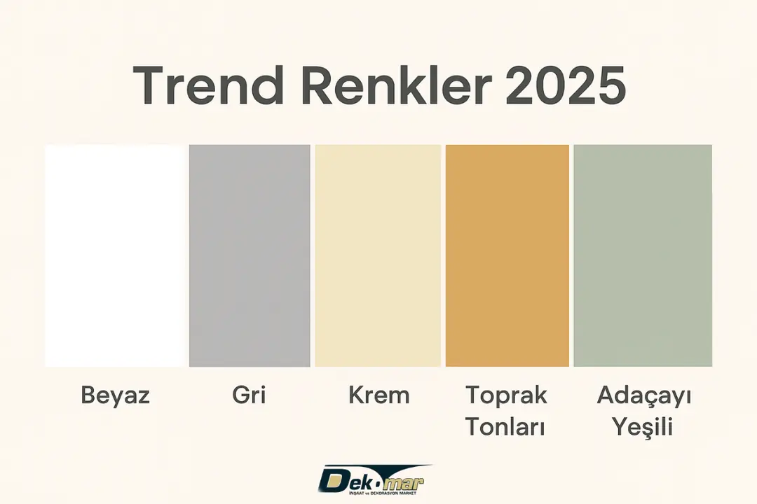 2025 Dudullu boya trendleri: beyaz, gri, toprak tonları ve pastel renkler.
