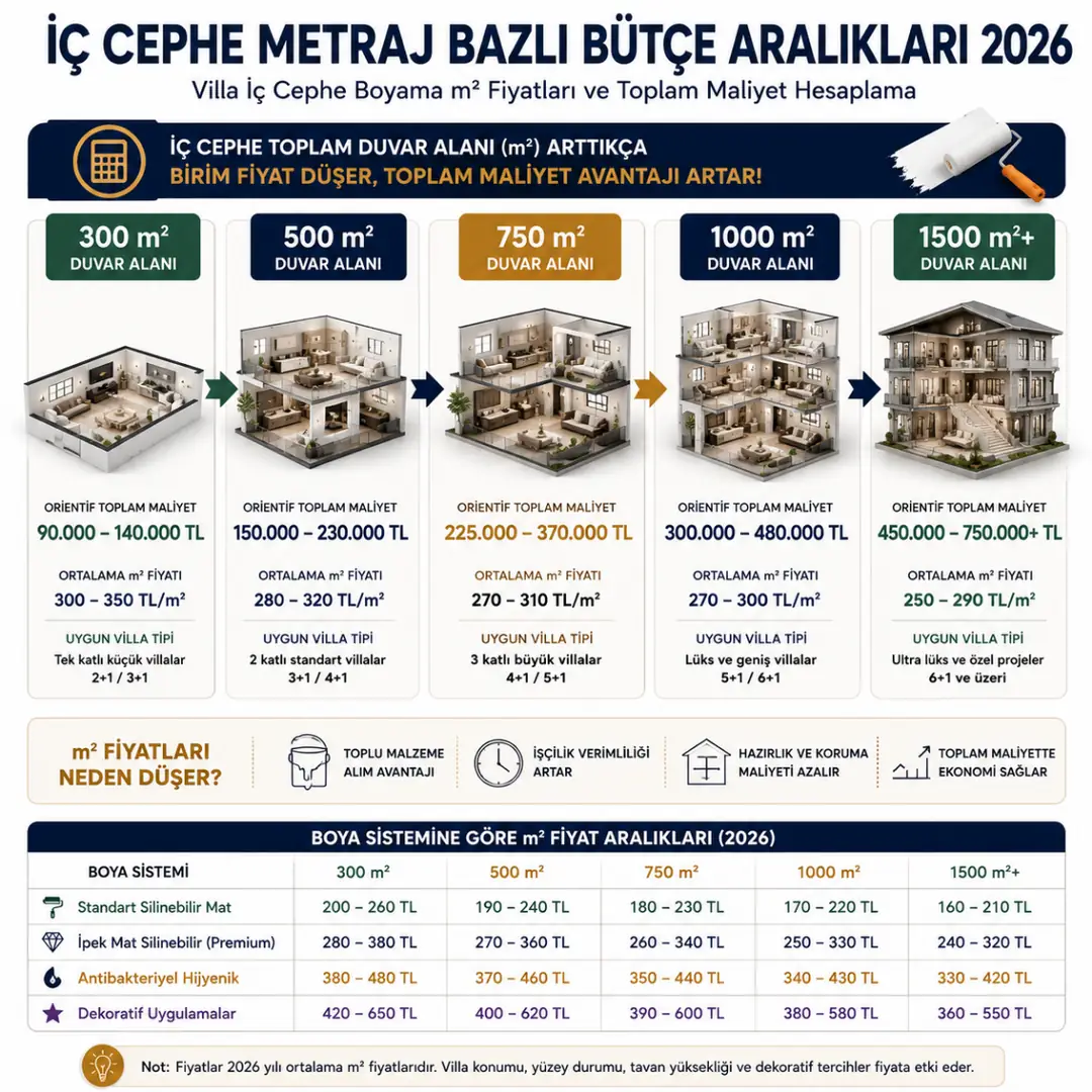 Villa iç cephe boyama metraj bazlı bütçe hesaplama tablosu 2026&nbsp;