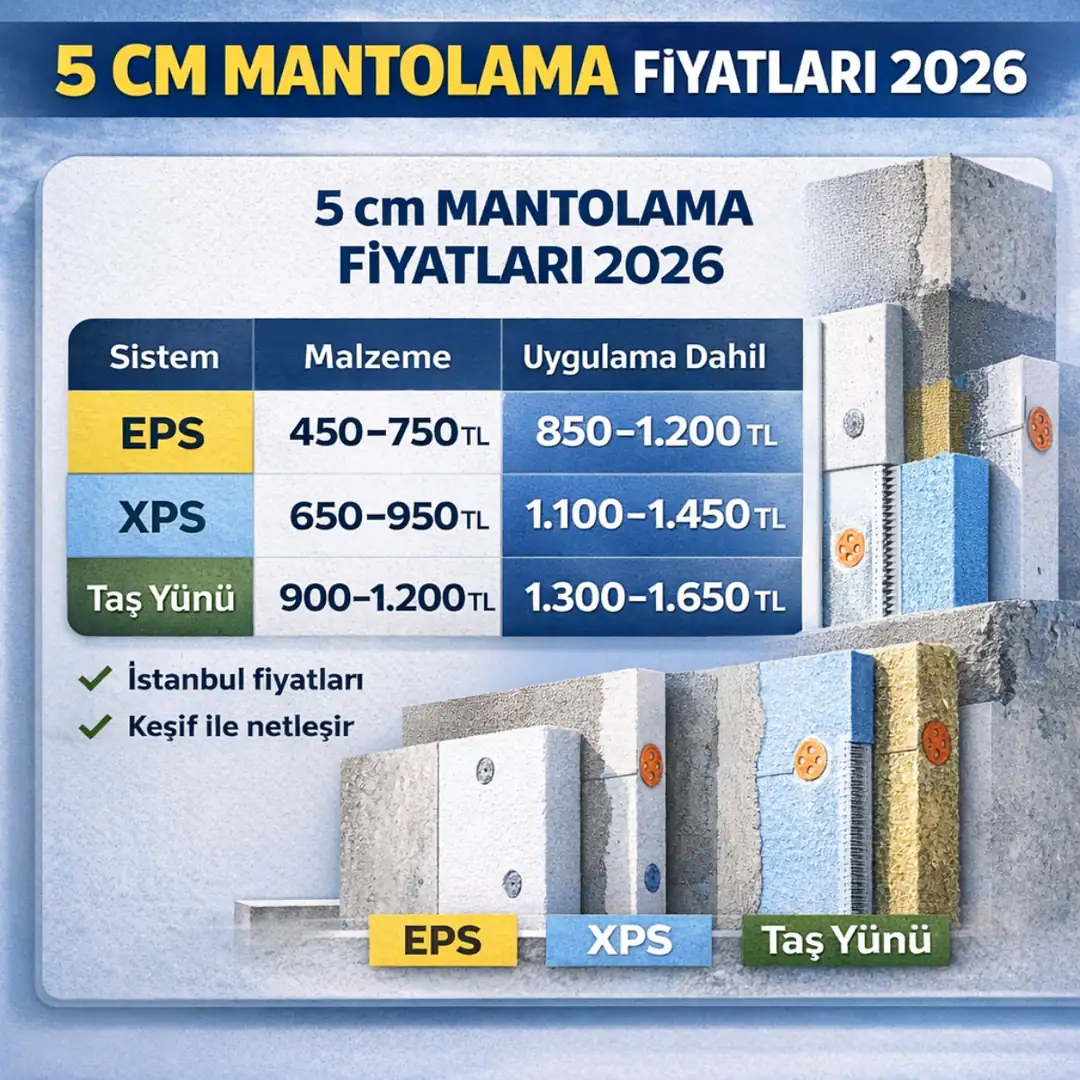 5 cm mantolama fiyatları 2026 EPS XPS taş yünü m2 karşılaştırma tablosu
