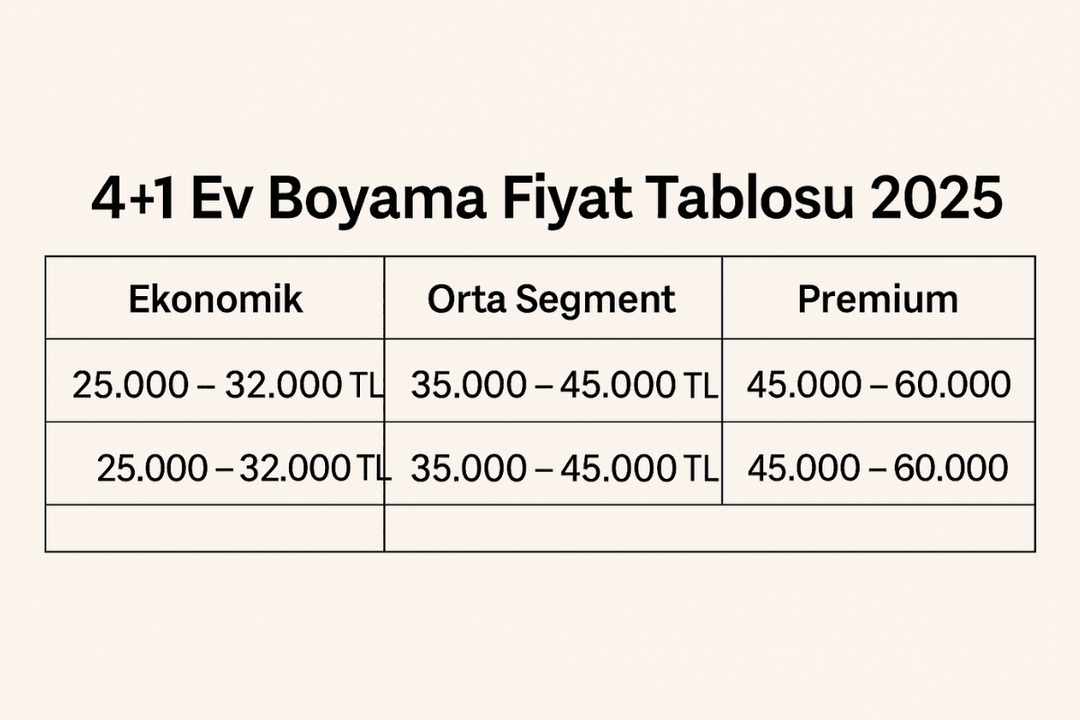 2025 yılı 4+1 ev boyama fiyat tablosu – Ekonomik, Orta Segment ve Premium seçeneklerin TL aralıkları. 