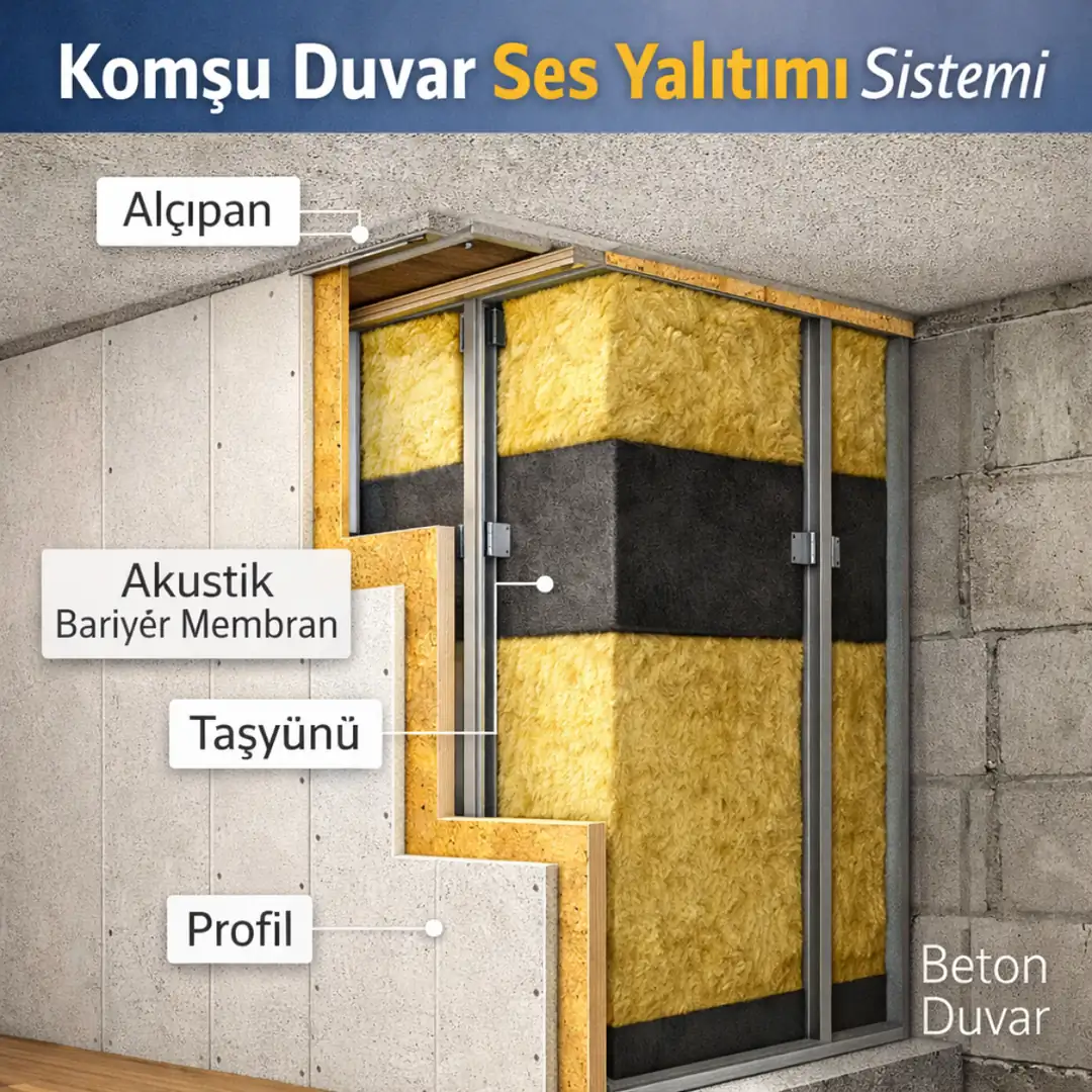 Taşyünü, akustik bariyer ve çift alçıpan katmanlı komşu duvar ses yalıtım kesit şeması